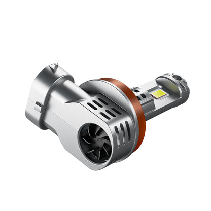 Angled view of H8 H11 LED headlight bulb with built-in cooling fan, compatible with 2016 and newer Toyota Tacoma models for optimal performance.