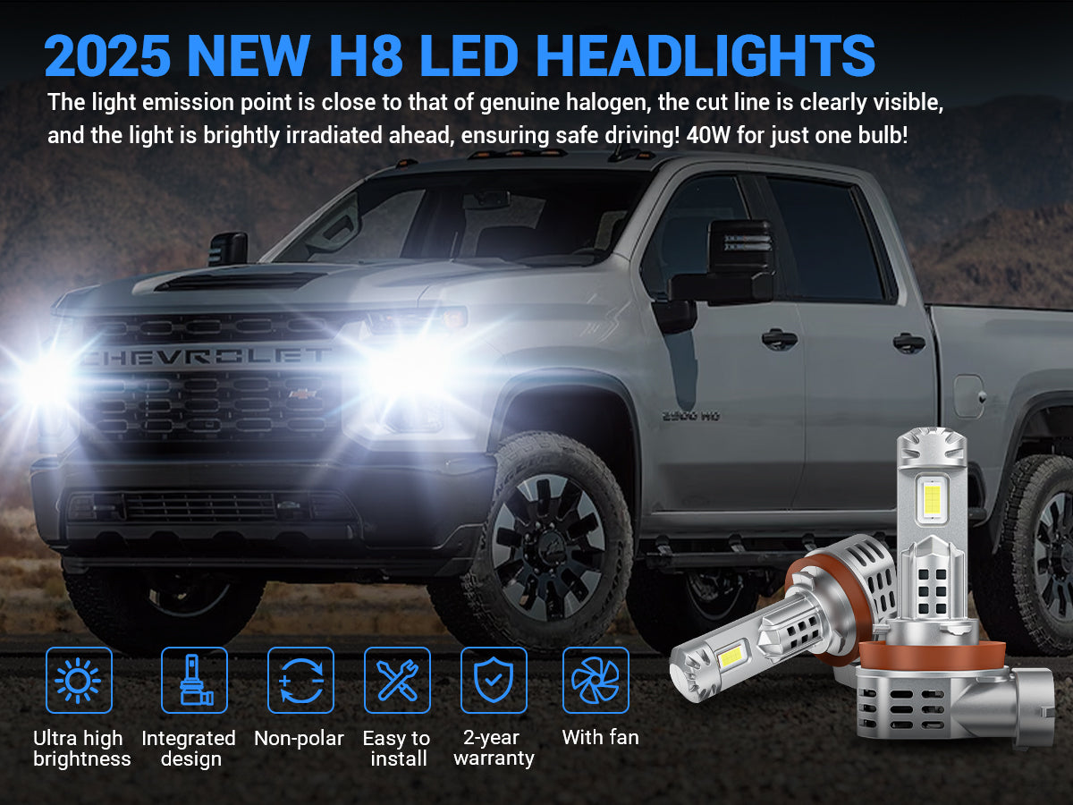 Chevy Silverado with H11 LED headlights showing bright white beam at night