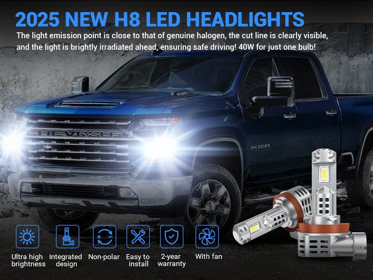 Chevy Silverado with bright H11 LED headlights shown at night with product detail