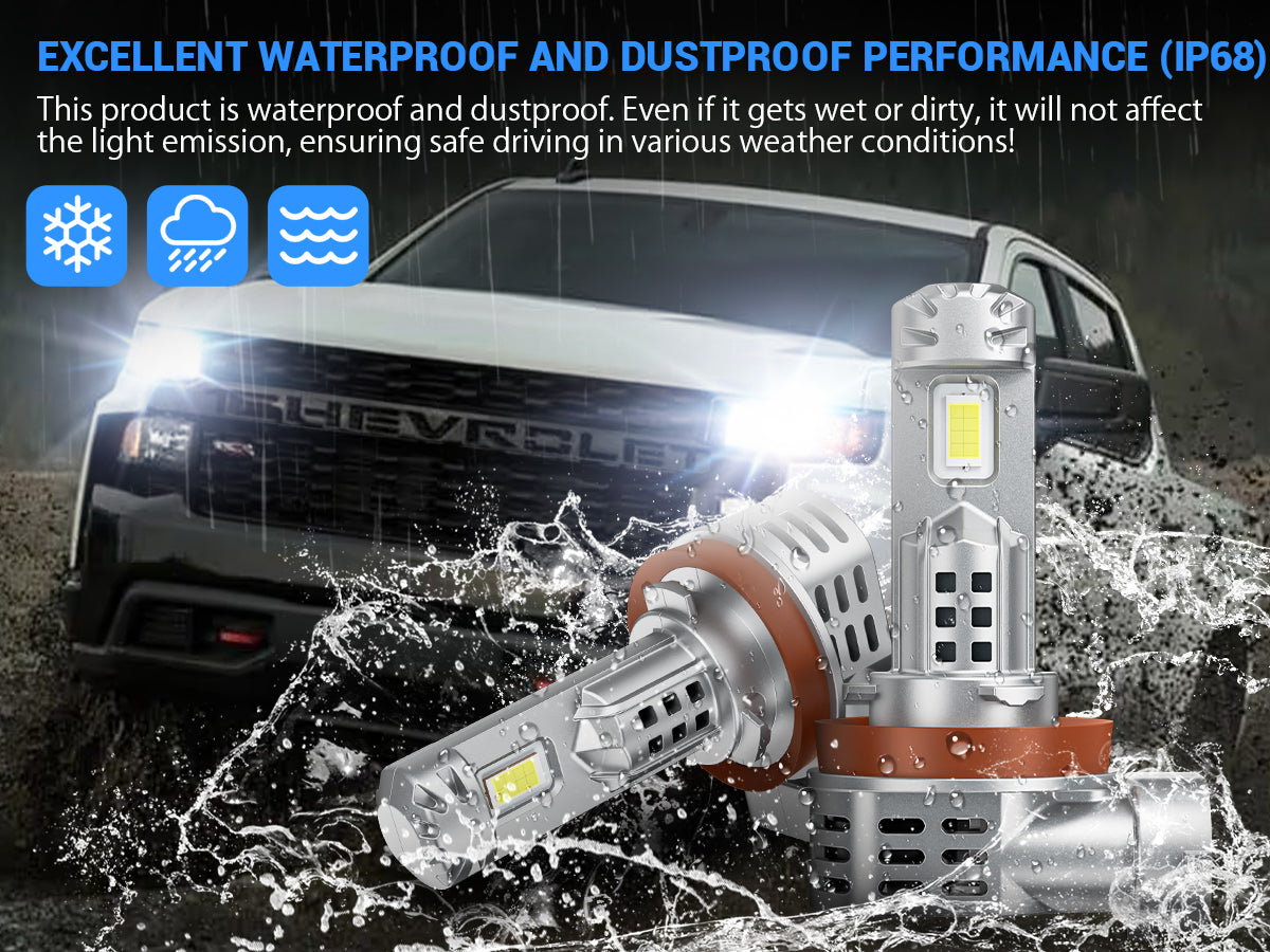 H11 LED headlight in wet weather showing IP68 waterproof and dustproof rating