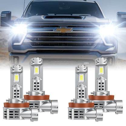 Suparee H11 LED headlight bulbs installed on a Chevy Silverado, bright white beam at night