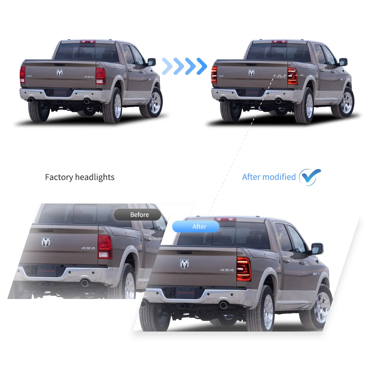 Comparison between stock halogen and upgraded LED tail lights on 2009-2018 Dodge Ram