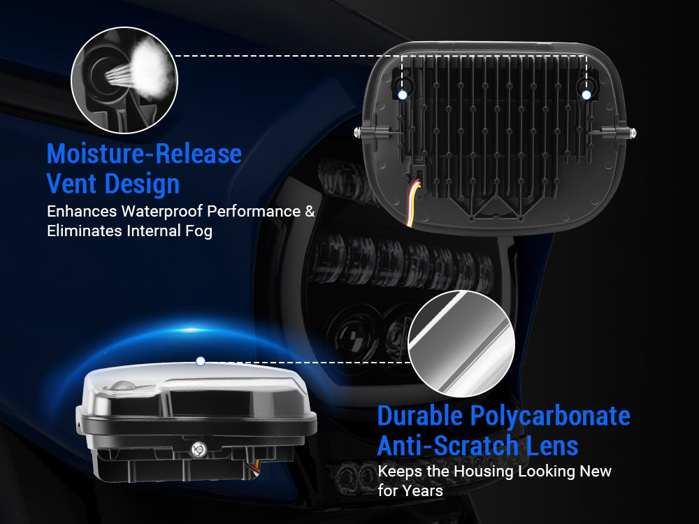 2023+ Harley Street Glide with a 7″ LED headlight featuring blue breathing light and matching visor