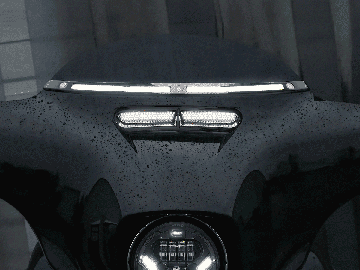 Harley LED Windshield Trim Lights with white DRL, amber sequential turn signals, hazard function