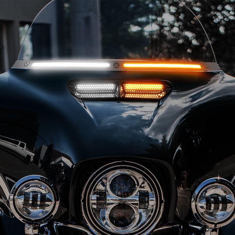Harley-Davidson LED Windshield Trim Lights with amber sequential turn signals