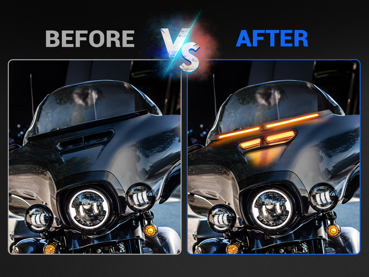 Custom Harley-Davidson front end upgrade with sleek LED Windshield Trim Lights
