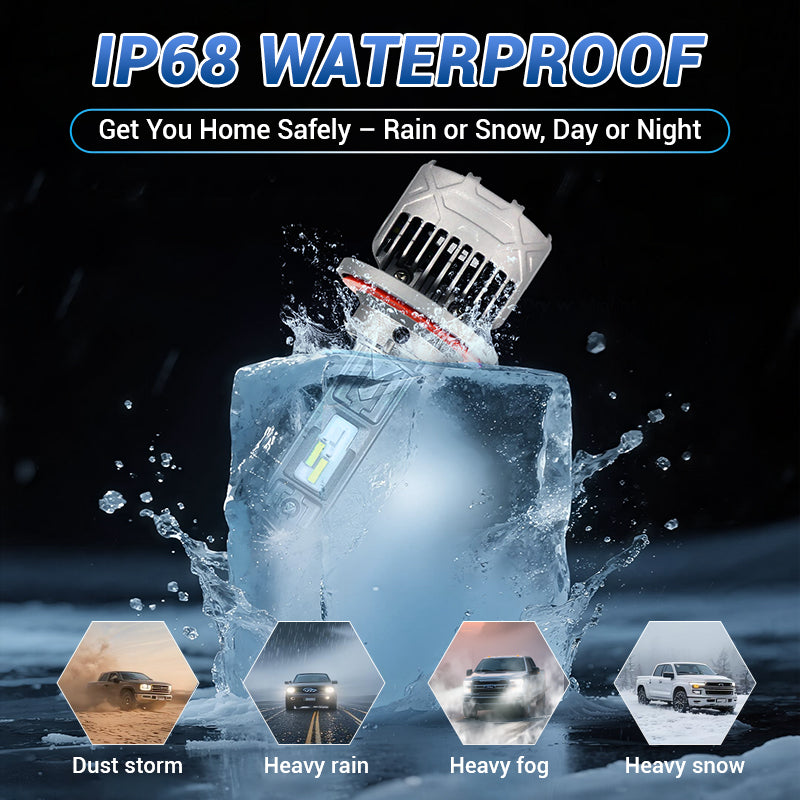 IP6-rated waterproof our LED bulbs with sealed housing, capable of withstanding heavy rain and off-road splashes