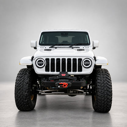 9-inch RGB LED headlights for Jeep Wrangler JL/JLU and Gladiator JT shown in white DRL mode on a white Jeep