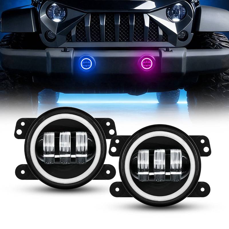 4" Bluetooth CREE LED Fog Lights with White & RGB Halo for Jeep JK JL JT