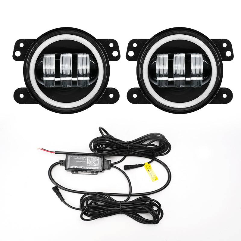 4" Bluetooth CREE LED Fog Lights with White & RGB Halo for Jeep JK JL JT