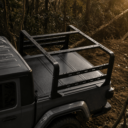 Low-profile Jeep Gladiator bed rack configuration for reduced overall height