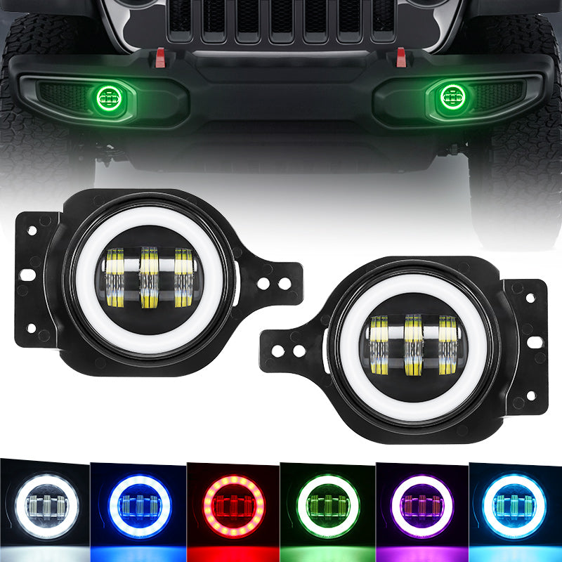 Newest 4" LED RGB Halo Fog Light for For 2018+ Jeep Wrangler JL And Gladiator JT