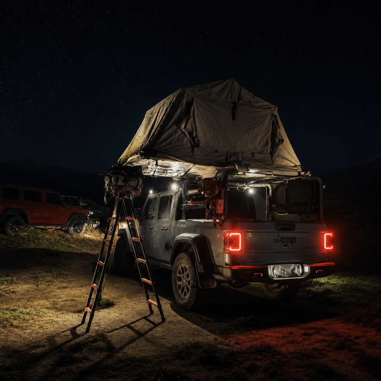 Jeep Gladiator overland bed rack supporting a compatible rooftop tent