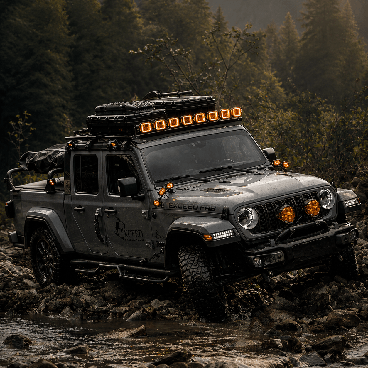 Rear three-quarter view of the SR2 truck bed rack on a Jeep Gladiator
