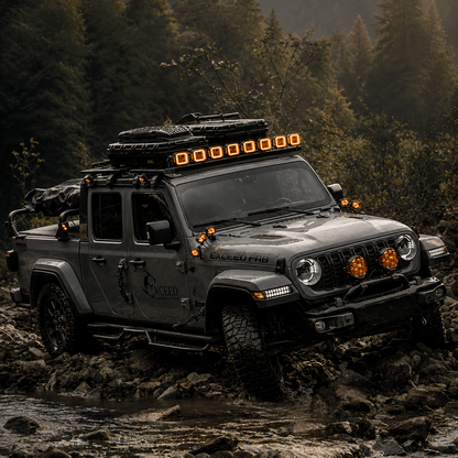 Rear three-quarter view of the SR2 truck bed rack on a Jeep Gladiator