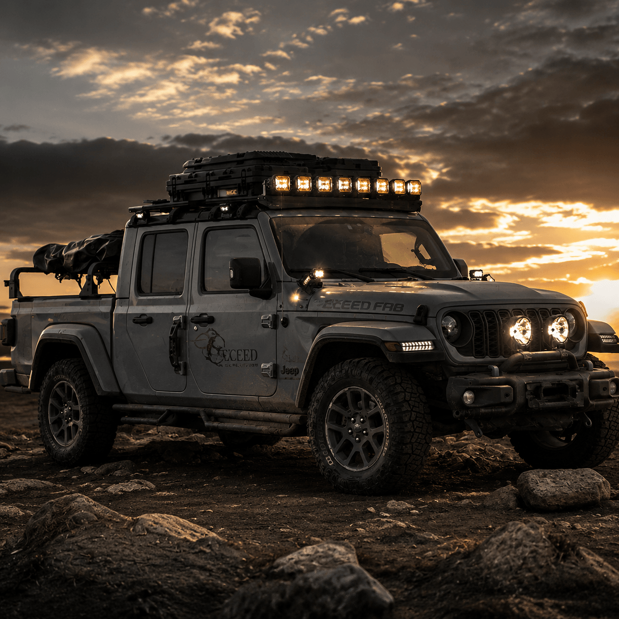 Rear three-quarter view of the SR2 truck bed rack on a Jeep Gladiator