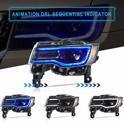 2014–2022 Jeep Grand Cherokee WK2 LED Headlights with Sequential Turns & Startup Animation — Pair