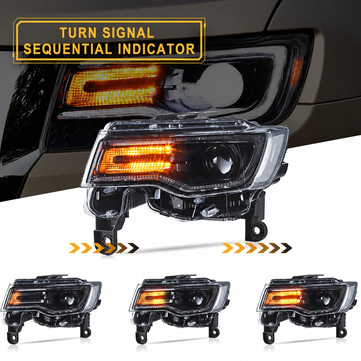 2014–2022 Jeep Grand Cherokee WK2 LED Headlights with Sequential Turns & Startup Animation — Pair