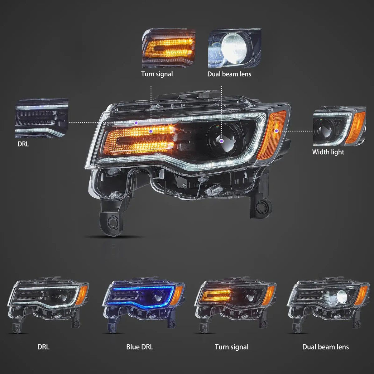 2014–2022 Jeep Grand Cherokee WK2 LED Headlights with Sequential Turns & Startup Animation — Pair