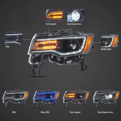 2014–2022 Jeep Grand Cherokee WK2 LED Headlights with Sequential Turns & Startup Animation — Pair