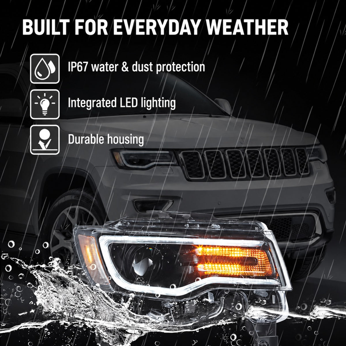 2014–2022 Jeep Grand Cherokee WK2 LED Headlights with Sequential Turns & Startup Animation — Pair
