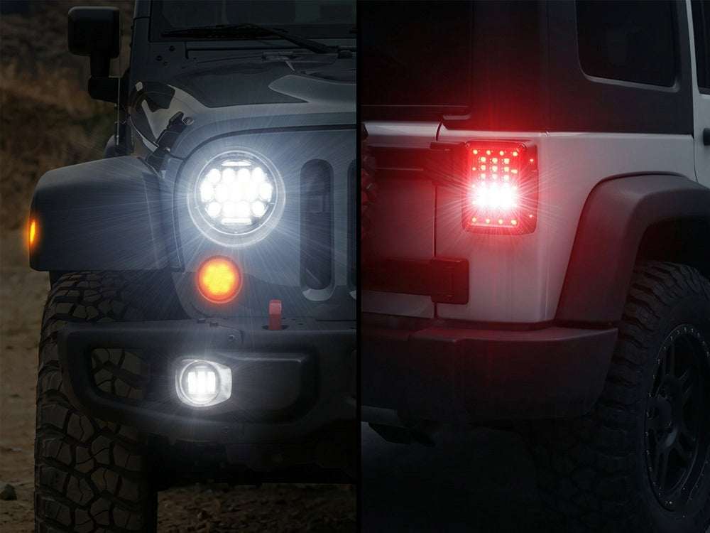Jeep 7" Headlights, 4" Fog Lamps, Front Turn Signals, Fender Turn Signals & Taillights