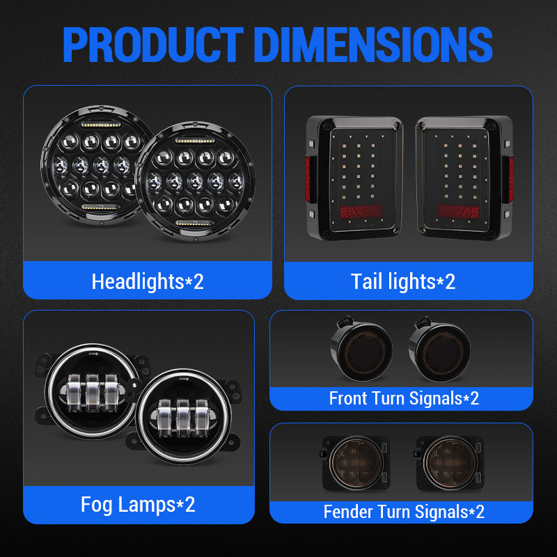 Jeep 7" Headlights, 4" Fog Lamps, Front Turn Signals, Fender Turn Signals & Taillights
