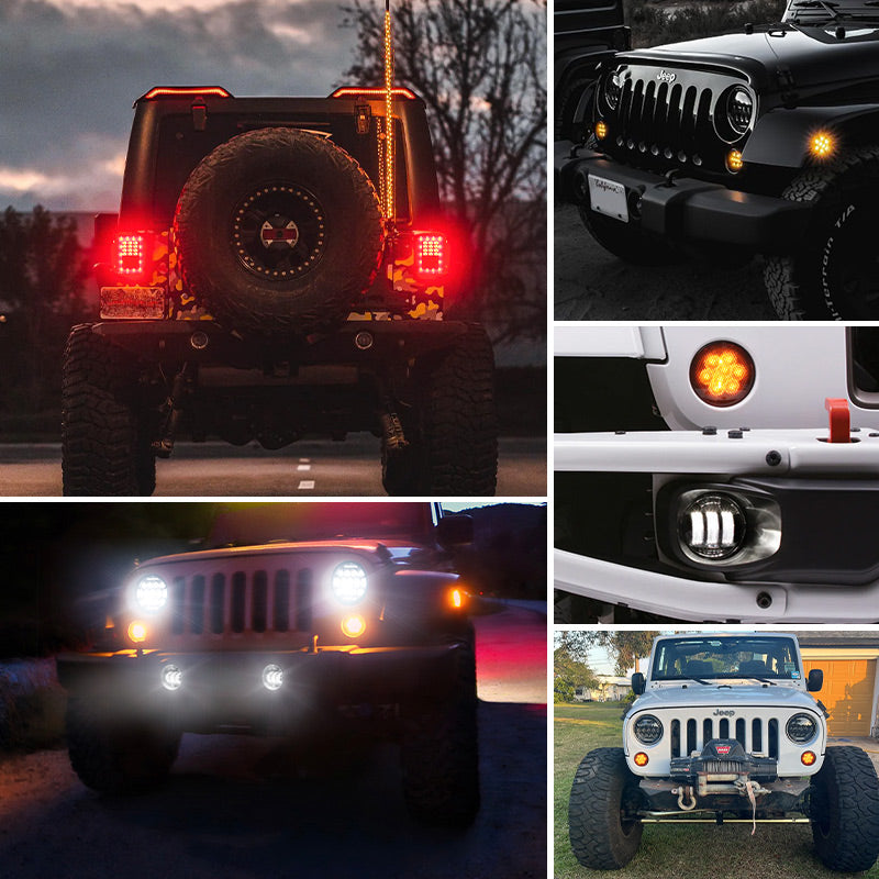 Jeep 7" Headlights, 4" Fog Lamps, Front Turn Signals, Fender Turn Signals & Taillights