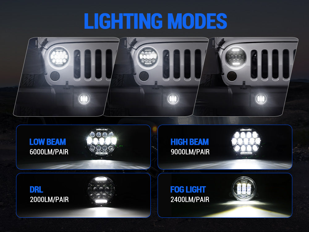 Jeep 7" Headlights, 4" Fog Lamps, Front Turn Signals, Fender Turn Signals & Taillights