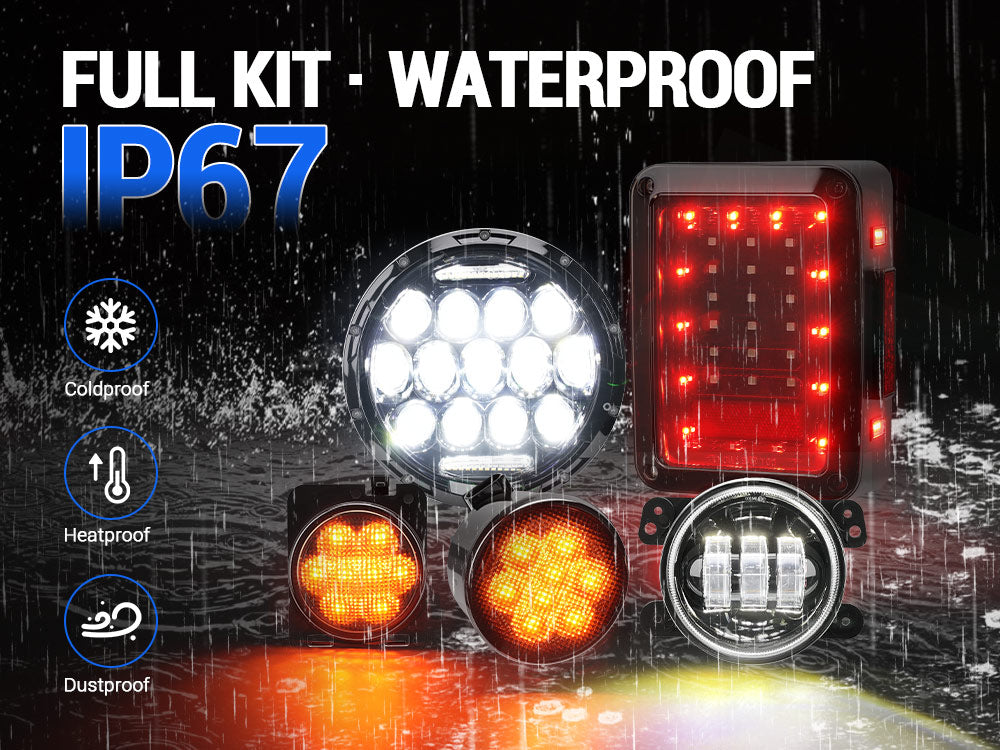Jeep 7" Headlights, 4" Fog Lamps, Front Turn Signals, Fender Turn Signals & Taillights
