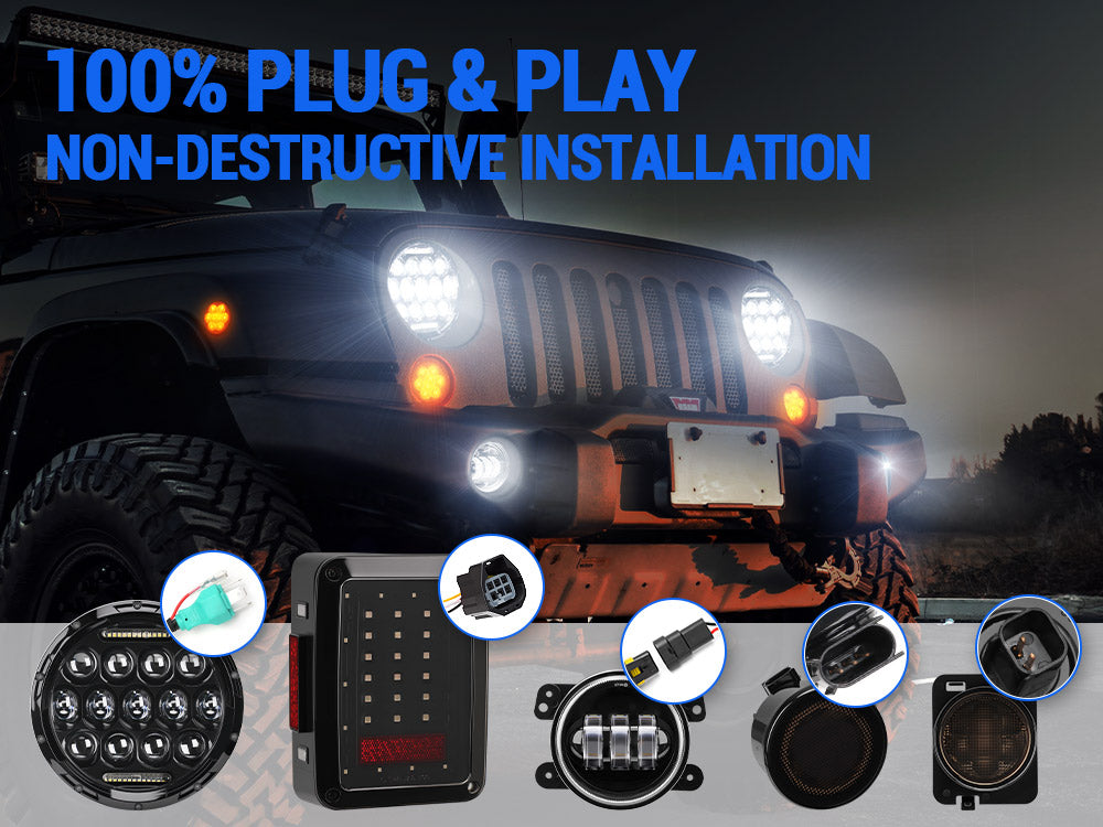 Jeep 7" Headlights, 4" Fog Lamps, Front Turn Signals, Fender Turn Signals & Taillights