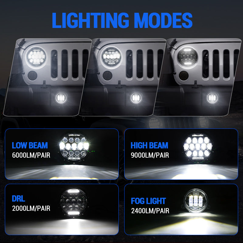 Jeep 7" Headlights, 4" Fog Lamps, Front Turn Signals, Fender Turn Signals & Taillights