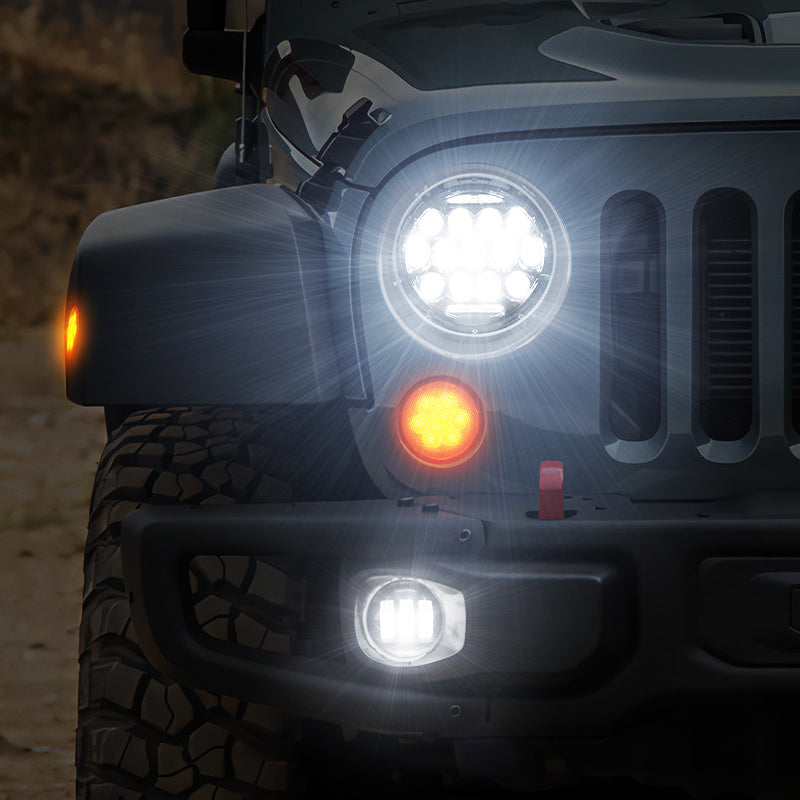 Jeep 7" Headlights, 4" Fog Lamps, Front Turn Signals, Fender Turn Signals & Taillights
