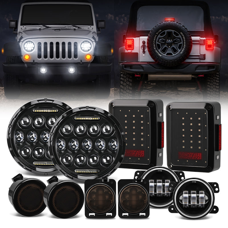 Jeep 7" Headlights, 4" Fog Lamps, Front Turn Signals, Fender Turn Signals & Taillights