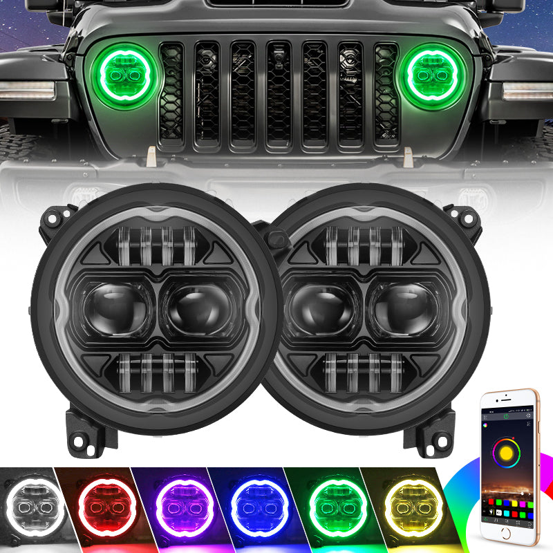 9 Inch Wrangler RGB+W headlights with bluetooth controlled, 121 flashing functions, manual control unlimited colors options and grad color mode, the best choice for you to replace the old one.