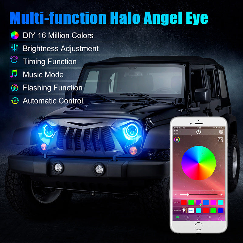 Wrangler LED Headlights with RGB Halo App Or Remote Control