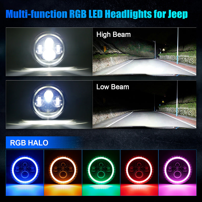 Wrangler LED Headlights with RGB Halo App Or Remote Control
