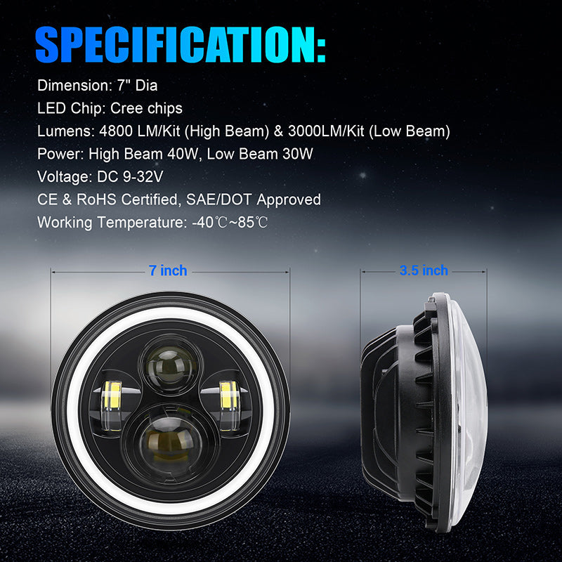 Wrangler LED Headlights with RGB Halo App Or Remote Control