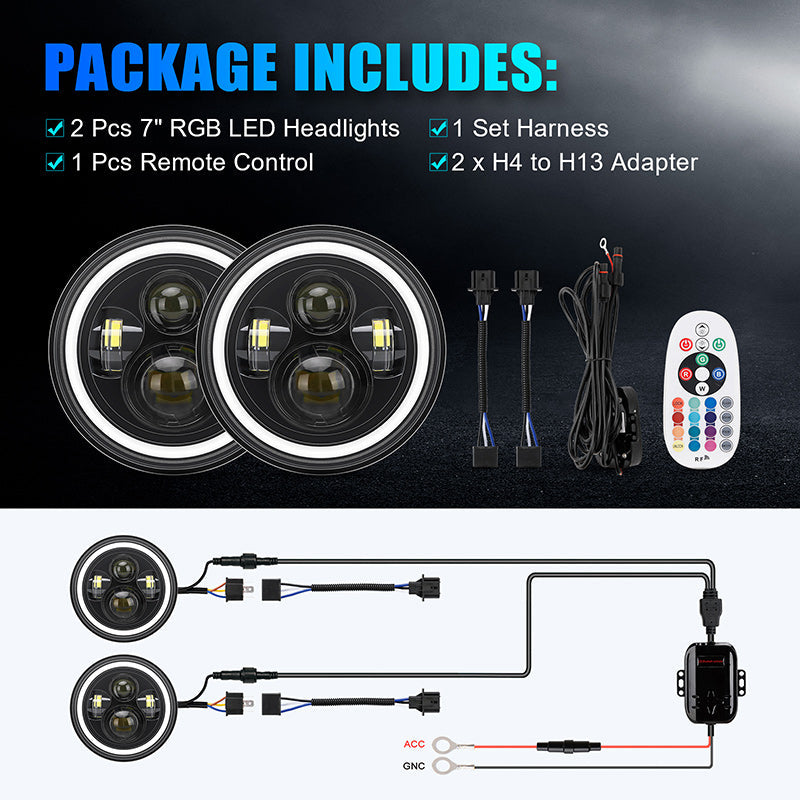 Wrangler LED Headlights with RGB Halo App Or Remote Control