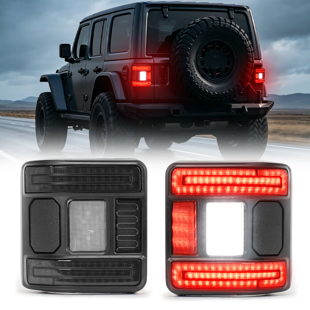 Rear view of a Jeep Wrangler JL with illuminated CR072 flush-mount tail lights and two product lamps below