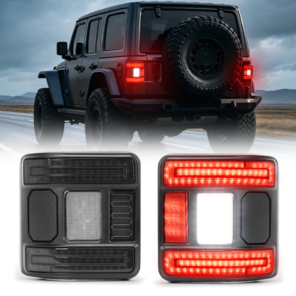 Rear view of a Jeep Wrangler JL with illuminated CR072 flush-mount tail lights and two product lamps below