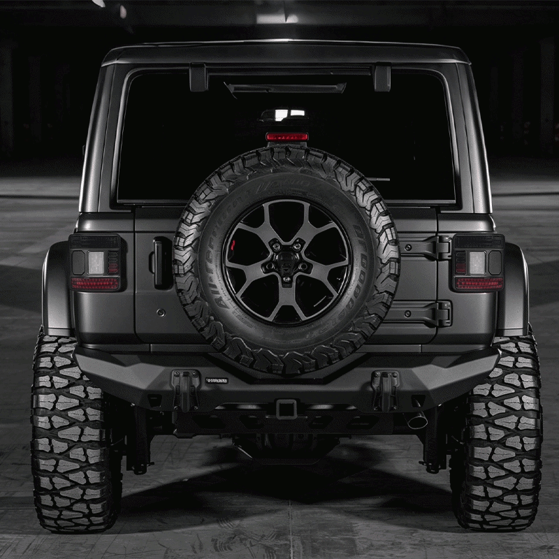 Animated rear view of a Jeep Wrangler JL startup welcome sequence with both LED tail lights.