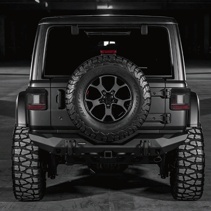 Animated rear view of a Jeep Wrangler JL startup welcome sequence with both LED tail lights.