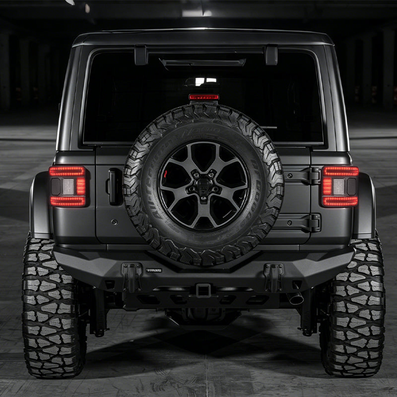 Rear-view poster of a Jeep Wrangler JL with both flush-mount LED tail lights illuminated at startup.