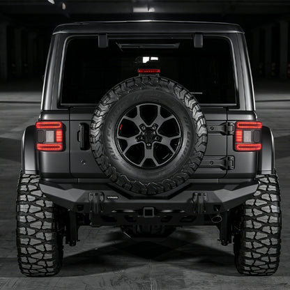 Rear-view poster of a Jeep Wrangler JL with both flush-mount LED tail lights illuminated at startup.