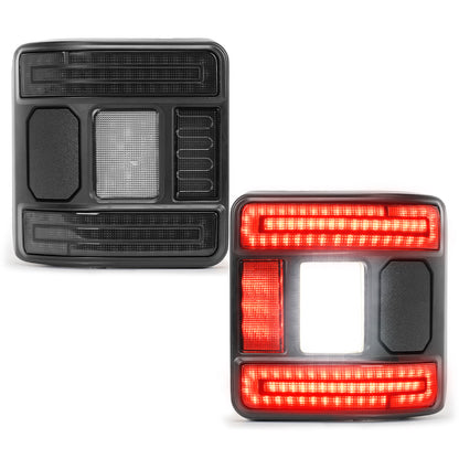 Smoked CR072 tail-light pair on a white background, with one lamp unlit and the other illuminated
