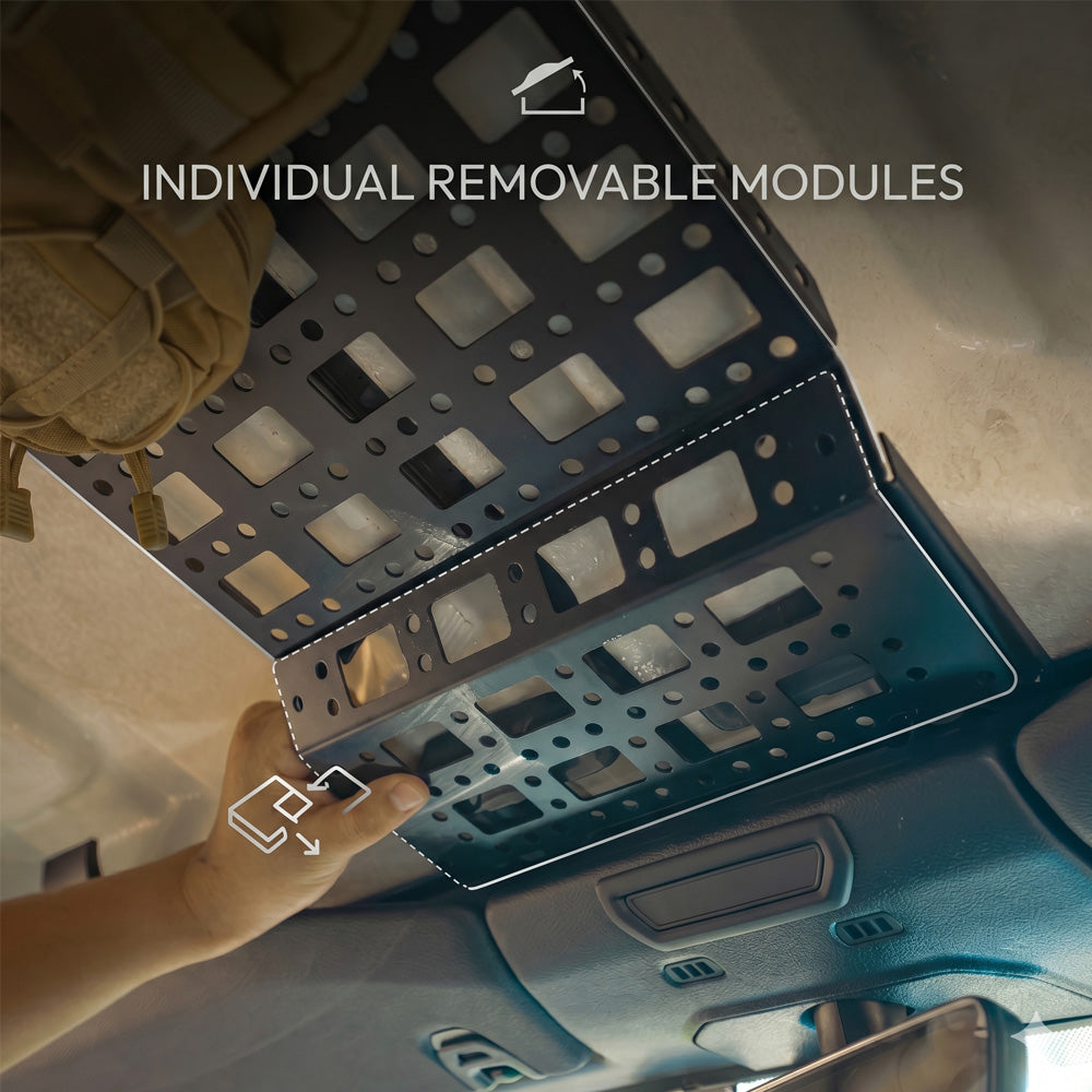Interior view of Jeep Wrangler JL overhead storage rack showing upward curved design for maximum headroom and clear rearview visibility