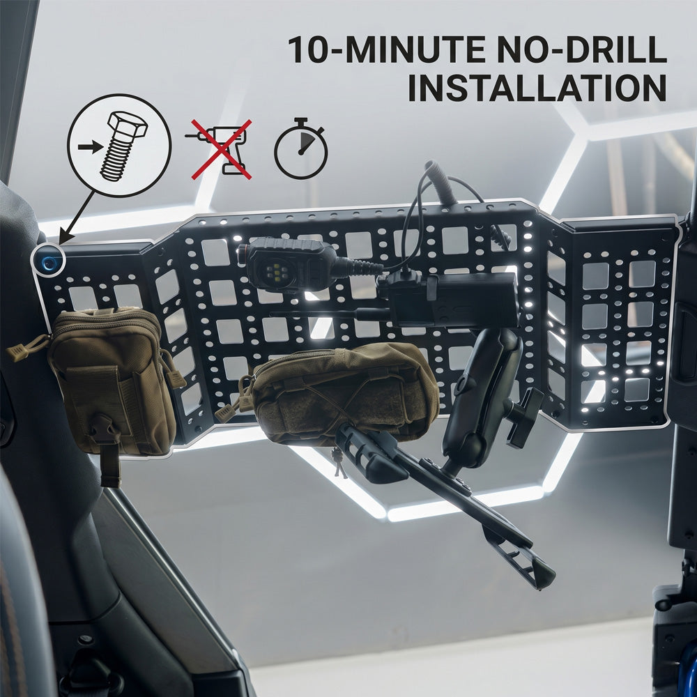 Modular Jeep Gladiator JT overhead molle panel demonstrating compatibility with removable front Freedom Top panels