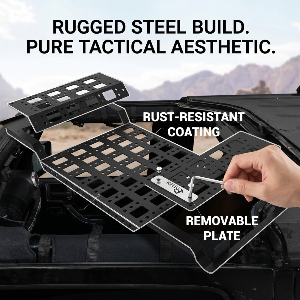 Jeep Wrangler JL overhead molle panel fully loaded with tactical pouches, CB radio, and off-road gear