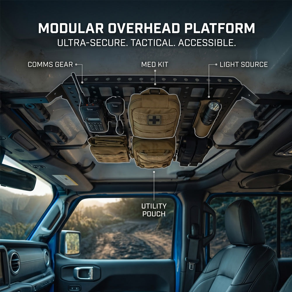 Jeep Wrangler JL overhead molle panel fully loaded with tactical pouches, CB radio, and off-road gear